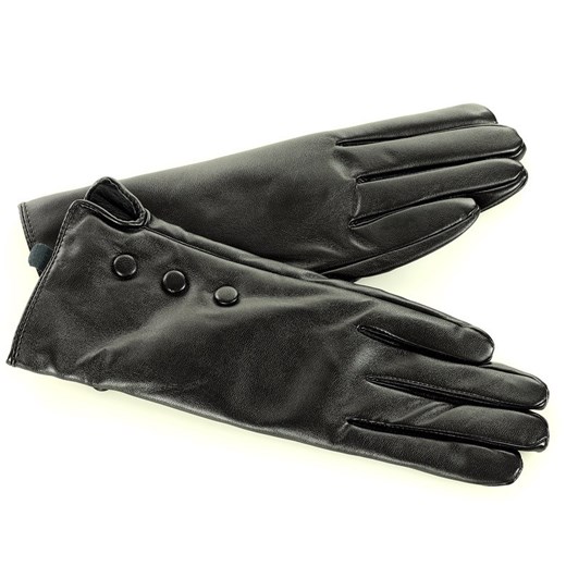 Wodoodporne rękawiczki damskie  z eko skóry z guziczkami - czarne ze sklepu Verostilo w kategorii Rękawiczki damskie - zdjęcie 165745437