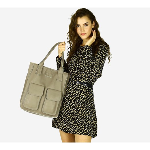 Torebka skórzany shopper bag z kieszeniami - MARCO MAZZINI beż cappuccino ze sklepu Verostilo w kategorii Torby Shopper bag - zdjęcie 165745488