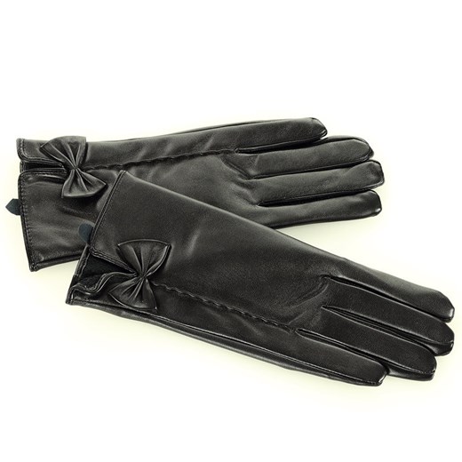 Rękawiczki damskie z eko skóry z kokardką - czarne ze sklepu Verostilo w kategorii Rękawiczki damskie - zdjęcie 165745967