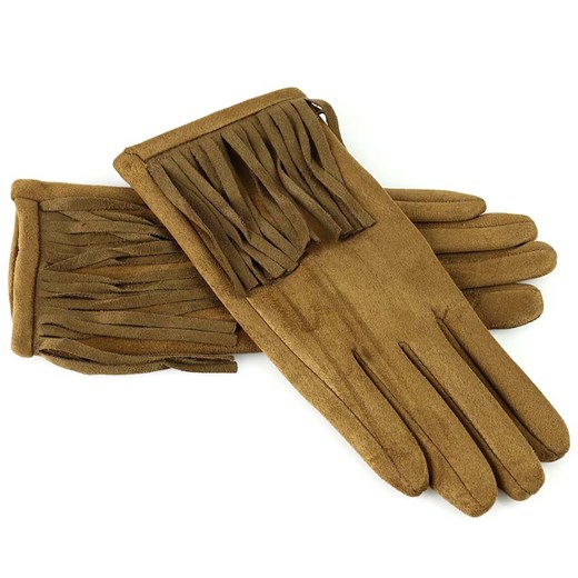 Rękawiczki damskie z fredzlami boho - MARCO MAZZINI - brąz koniak ze sklepu Verostilo w kategorii Rękawiczki damskie - zdjęcie 165746409