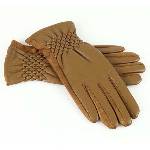 Stylowe rękawiczki damskie skóra eco na ściagaczu - MARCO MAZZINI brąz koniak ze sklepu Verostilo w kategorii Rękawiczki damskie - zdjęcie 165746908