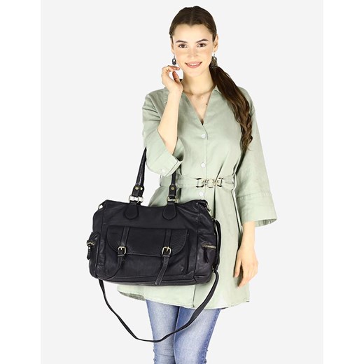 Pojemna torba damska na ramię z kieszeniami skóra naturalna - MARCO MAZZINI czarny ze sklepu Verostilo w kategorii Torby Shopper bag - zdjęcie 165747109