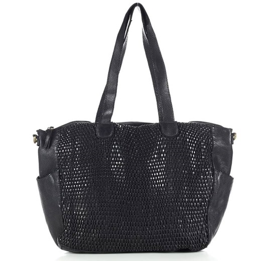 Pleciona torba shopper skórzana na ramię - MARCO MAZZINI czarna ze sklepu Verostilo w kategorii Torby Shopper bag - zdjęcie 165747247