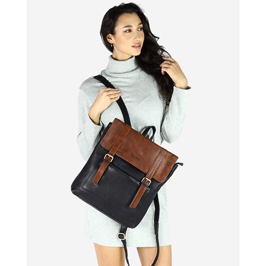 Plecak skórzany damski A4 z kieszenią - MARCO MAZZINI czarny z brąz koniak ze sklepu Verostilo w kategorii Plecaki - zdjęcie 165747258