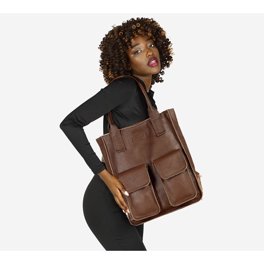 Torebka skórzany shopper bag z kieszeniami - MARCO MAZZINI czekoladowy brąz ze sklepu Verostilo w kategorii Torby Shopper bag - zdjęcie 165747379