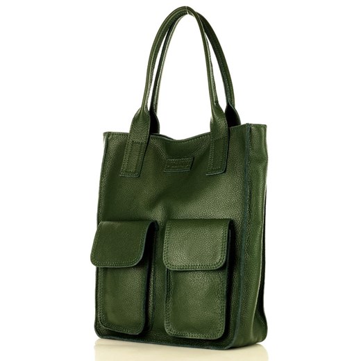 Torebka skórzany shopper bag z kieszeniami - MARCO MAZZINI Ravenna ciemny zielony ze sklepu Verostilo w kategorii Torby Shopper bag - zdjęcie 165748459