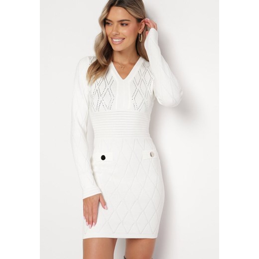 Biała Dzianinowa Sukienka Mini w Cyrkonie Brio ze sklepu Born2be Odzież w kategorii Sukienki - zdjęcie 165750517