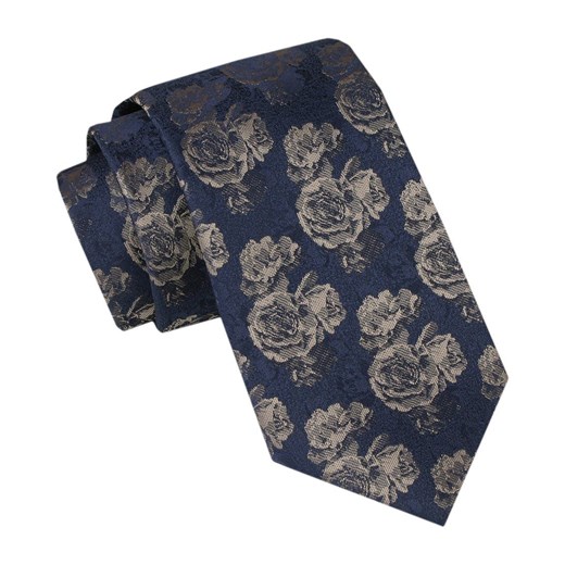 Męski Krawat - Alties - Beżowe Róże na Granatowym Tle KRALTS1037 ze sklepu JegoSzafa.pl w kategorii Krawaty - zdjęcie 165783689