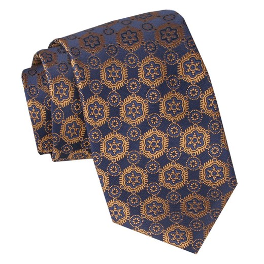 Męski Krawat - Alties - Żółtozłoty Wzór, Granatowe Tło KRALTS1046 ze sklepu JegoSzafa.pl w kategorii Krawaty - zdjęcie 165783727