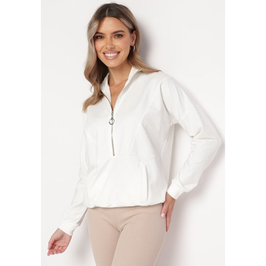 Biała Bluza z Bawełny z Suwakiem i Szeroką Kieszenią Tresora ze sklepu Born2be Odzież w kategorii Bluzy damskie - zdjęcie 165786498