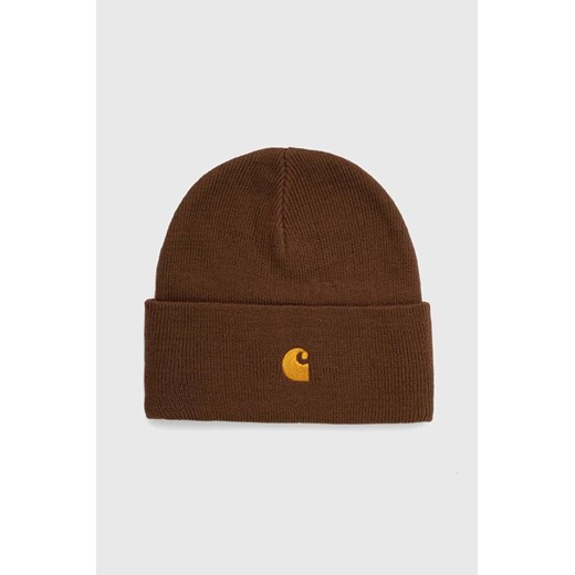 Carhartt WIP czapka Chase Beanie kolor brązowy z grubej dzianiny I026222.1R0XX ze sklepu PRM w kategorii Czapki zimowe damskie - zdjęcie 165796777