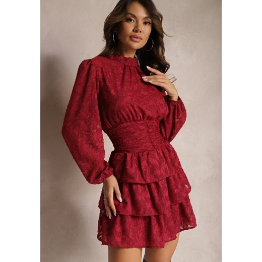 Czerwona Koronkowa Sukienka Taliowana z Falbankami Odrasja ze sklepu Renee odzież w kategorii Sukienki - zdjęcie 165809575