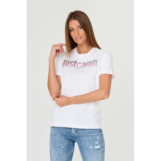 JUST CAVALLI Biały t-shirt R LOGO CRYSTAL, Wybierz rozmiar XS ze sklepu outfit.pl w kategorii Bluzki damskie - zdjęcie 165811125