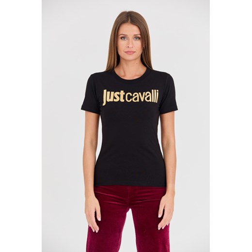 JUST CAVALLI Czarny t-shirt Logo Gold, Wybierz rozmiar L ze sklepu outfit.pl w kategorii Bluzki damskie - zdjęcie 165811165