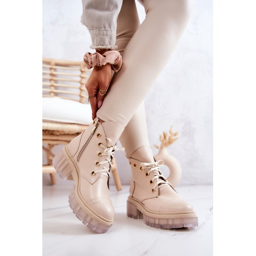 Botki Skórzane Suwak Wiązanie Beżowe Horizon 38 okazja ZAZOO