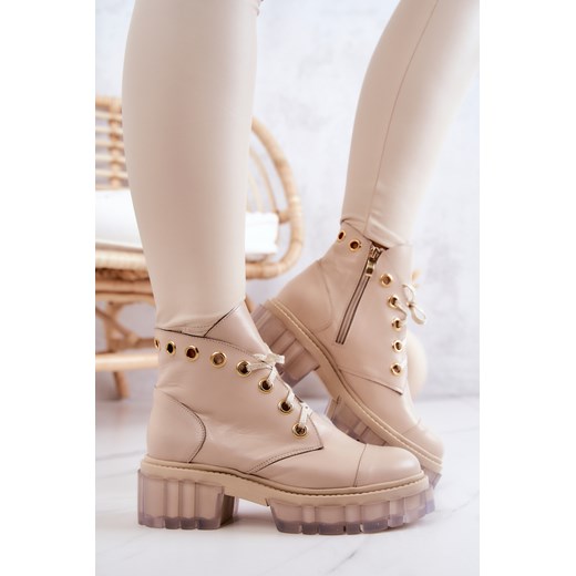 Botki Skórzane Suwak Wiązanie Beżowe Horizon 38 promocja ZAZOO