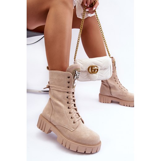 Botki Workery Płaski Obcas Biżuteryjna Ozdoba Beżowe Marx DA102P Ps1 38 ZAZOO