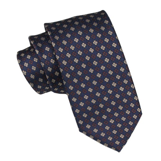 Krawat Męski - Alties - Groszki w Brązie i Beżu na Granatowym Tle KRALTS1008 ze sklepu JegoSzafa.pl w kategorii Krawaty - zdjęcie 165883466