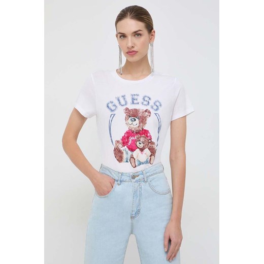 Guess t-shirt VARSITY damski kolor biały W4RI86 K9SN1 ze sklepu ANSWEAR.com w kategorii Bluzki damskie - zdjęcie 165894725