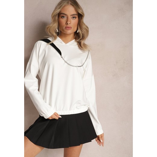 Biała Asymetryczna Bluza z Bawełny z Kapturem i Ozdobnym Suwakiem Lueur ze sklepu Renee odzież w kategorii Bluzy damskie - zdjęcie 165987979