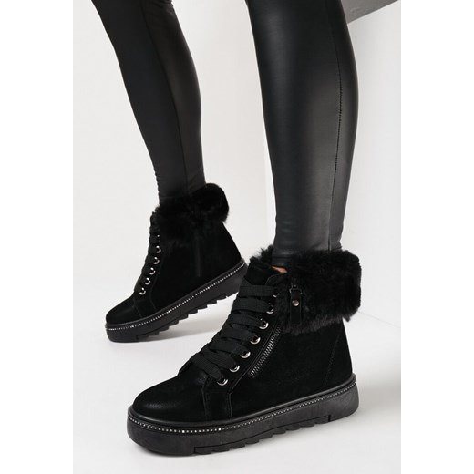 Czarne Botki na Platformie z Ozdobnym Futerkiem Blebare 41 wyprzedaż born2be.pl