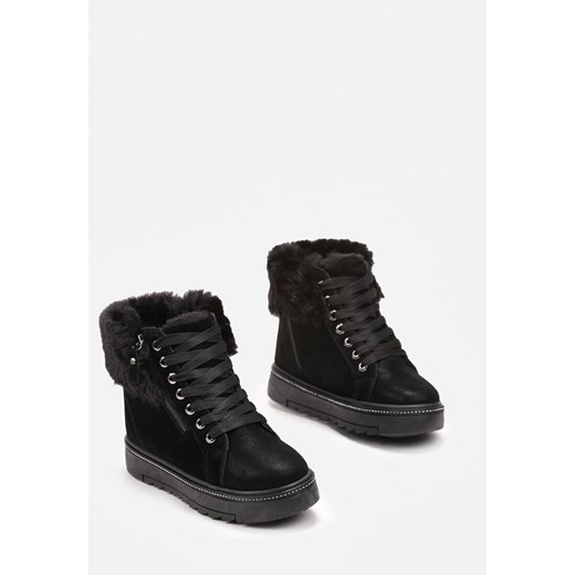 Czarne Botki na Platformie z Ozdobnym Futerkiem Blebare 40 born2be.pl promocyjna cena