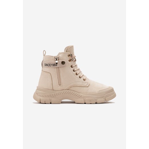 Ciemnobeżowe Sznurowane Traperki na Płaskiej Podeszwie z Przeszyciami i Ozdobnym 36 okazja born2be.pl