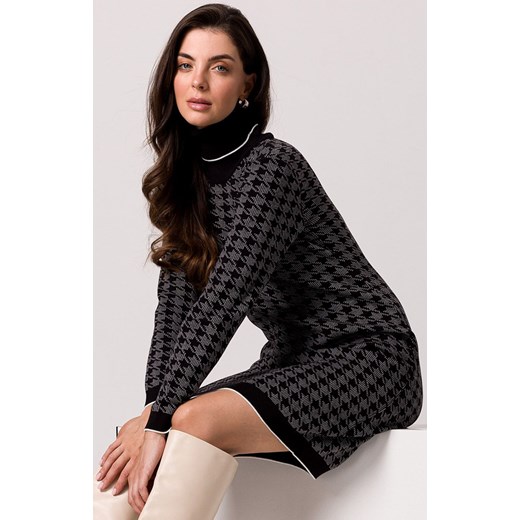 Sukienka swetrowa z golfem czarna BK103, Kolor czarny-wzór, Rozmiar L/XL, BeWear ze sklepu Primodo w kategorii Sukienki - zdjęcie 166008789