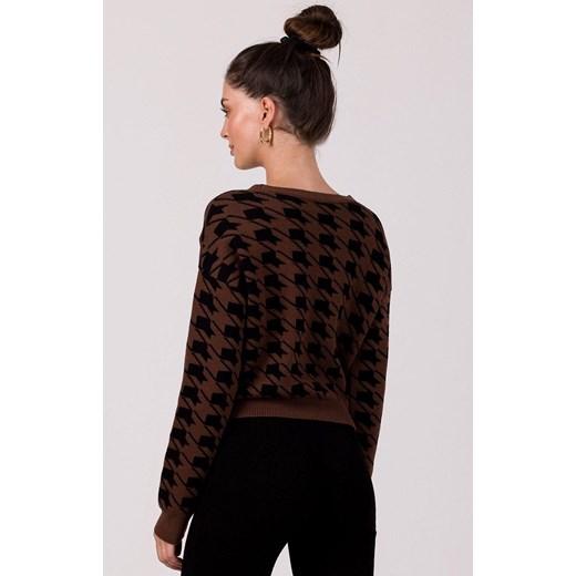Krótki kardigan w pepitkę brązowy BK104, Kolor brązowy, Rozmiar L/XL, BeWear ze sklepu Primodo w kategorii Swetry damskie - zdjęcie 166008795