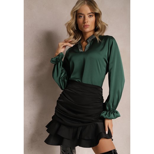 Zielona Bluzka Satynowa z Cyrkoniami Rapha ze sklepu Renee odzież w kategorii Bluzki damskie - zdjęcie 166017898