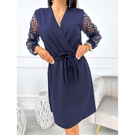 Granatowa Sukienka z Ozdobnym Rękawem ze sklepu ModnaKiecka.pl w kategorii Sukienki - zdjęcie 166026629