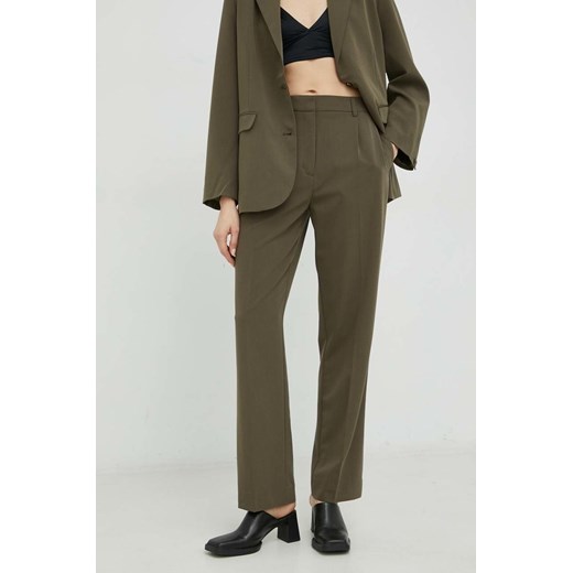 Samsoe Samsoe spodnie damskie kolor zielony proste high waist ze sklepu PRM w kategorii Spodnie damskie - zdjęcie 166042767