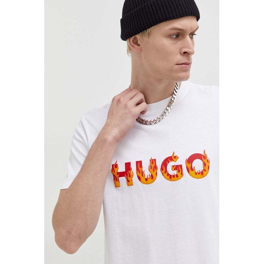 HUGO t-shirt bawełniany męski kolor beżowy z nadrukiem 50504542 ze sklepu ANSWEAR.com w kategorii T-shirty męskie - zdjęcie 166056709
