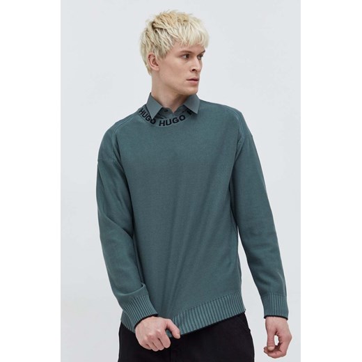 HUGO sweter bawełniany męski kolor zielony lekki 50474813 ze sklepu ANSWEAR.com w kategorii Swetry męskie - zdjęcie 166092649