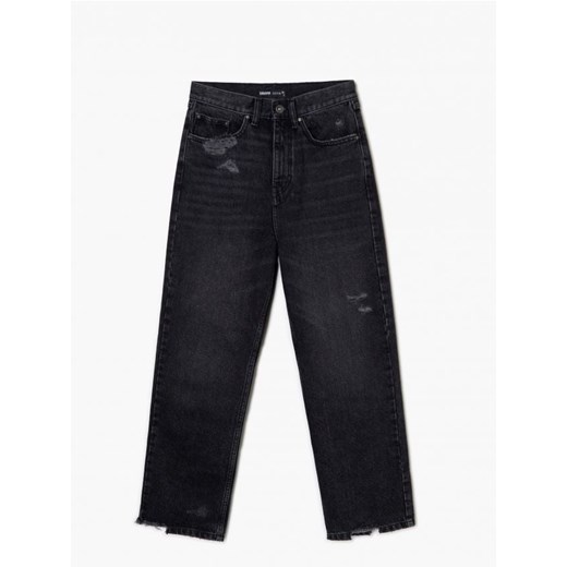Cropp - Czarne jeansy straight z postrzępioną nogawką - czarny Cropp 34 okazja Cropp