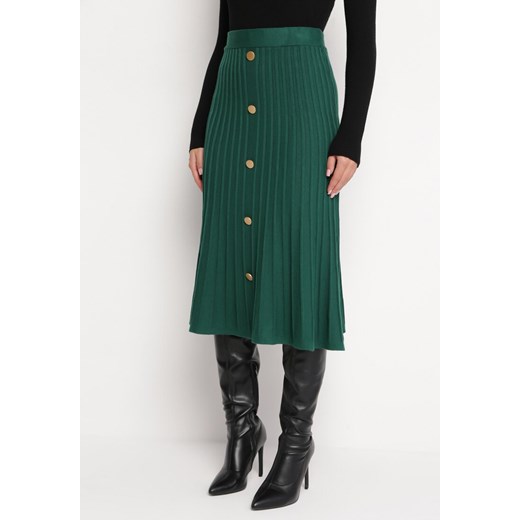 Zielona Plisowana Spódnica Midi o Trapezowym Kroju z Guzikami Eclisse ze sklepu Born2be Odzież w kategorii Spódnice - zdjęcie 166145898