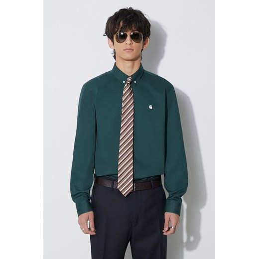 Carhartt WIP koszula bawełniana L/S Madison Shirt męska kolor zielony regular z kołnierzykiem button-down I023339.1OHXX ze sklepu PRM w kategorii Koszule męskie - zdjęcie 166148406