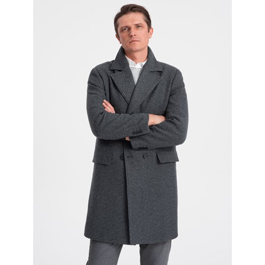 Dwurzędowy męski płaszcz z podszewką - grafitowy V2 OM-COWC-0107 ze sklepu ombre w kategorii Płaszcze męskie - zdjęcie 166149185