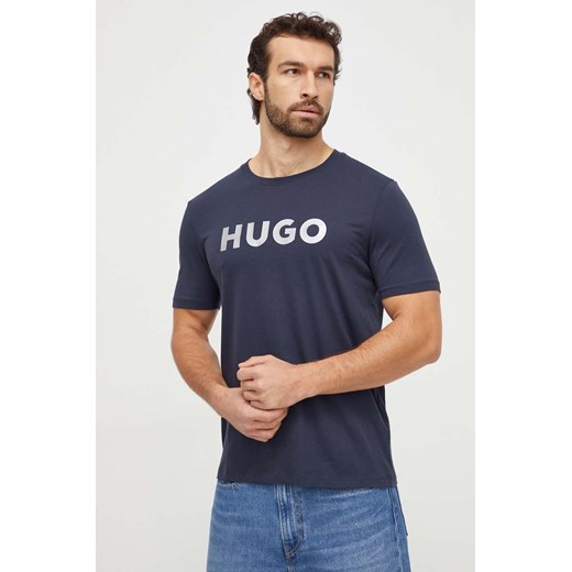HUGO t-shirt bawełniany męski kolor granatowy z nadrukiem ze sklepu ANSWEAR.com w kategorii T-shirty męskie - zdjęcie 166152029
