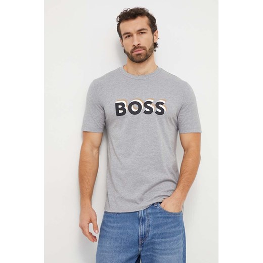 BOSS t-shirt bawełniany męski kolor szary z nadrukiem ze sklepu ANSWEAR.com w kategorii T-shirty męskie - zdjęcie 166152087