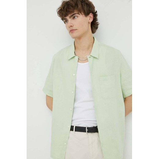 Samsoe Samsoe koszula lniana Avan kolor zielony regular z kołnierzykiem klasycznym ze sklepu PRM w kategorii Koszule męskie - zdjęcie 166191255
