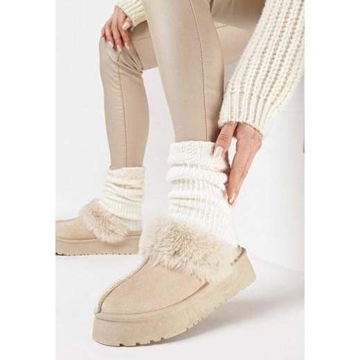 Beżowe Kapcie na Platformie z Imitacji Zamszu z Futerkiem Portora ze sklepu born2be.pl w kategorii Śniegowce damskie - zdjęcie 166207725