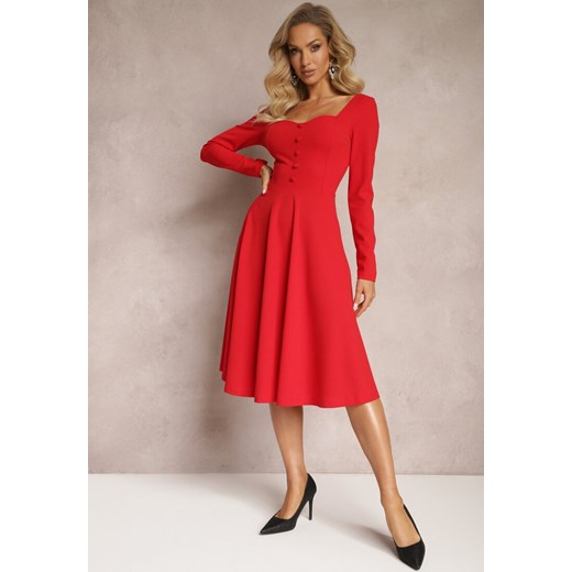 Czerwona Rozkloszowana Sukienka Midi z Guzikami i Głębokim Dekoltem Salaria ze sklepu Renee odzież w kategorii Sukienki - zdjęcie 166208159