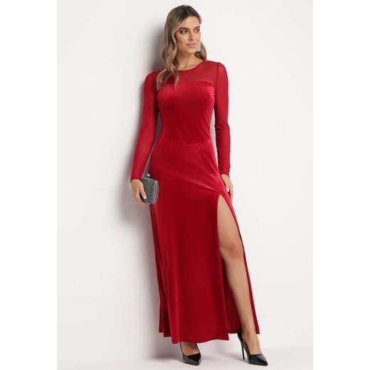 Czerwona Welurowa Sukienka Maxi z Siateczką i Ozdobnym Rozcięciem Lavella ze sklepu Born2be Odzież w kategorii Sukienki - zdjęcie 166208757
