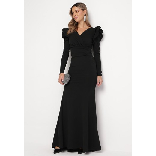 Czarna Sukienka Maxi z Kopertowym Dekoltem i Falbankami Serrila ze sklepu Born2be Odzież w kategorii Sukienki - zdjęcie 166208867