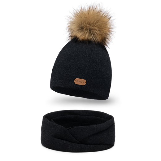 PaMaMi Premium - Komplet damski czapka i komin - 100% wełna merino - Czarny ze sklepu JK-Collection w kategorii Komplety czapka i szalik damskie - zdjęcie 166223375