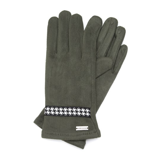 Damskie rękawiczki z wykończeniem w pepitkę ciemna zieleń ze sklepu WITTCHEN w kategorii Rękawiczki damskie - zdjęcie 166269177