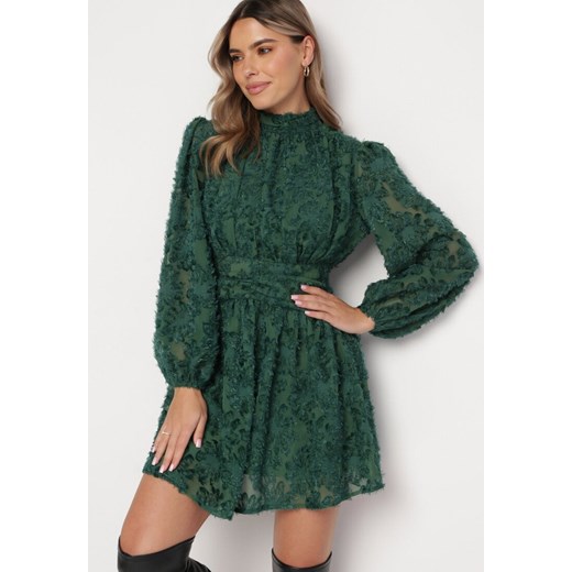 Zielona Rozkloszowana Sukienka Koronkowa Mini Alatalo ze sklepu Born2be Odzież w kategorii Sukienki - zdjęcie 166281016