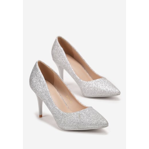 Czółenka Born2be na wiosnę srebrne na szpilce eleganckie bez zapięcia 