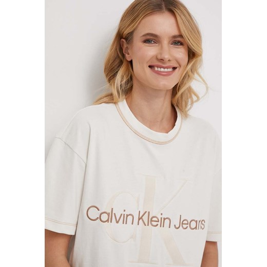 Calvin Klein Jeans t-shirt bawełniany damski kolor beżowy ze sklepu ANSWEAR.com w kategorii Bluzki damskie - zdjęcie 166294896